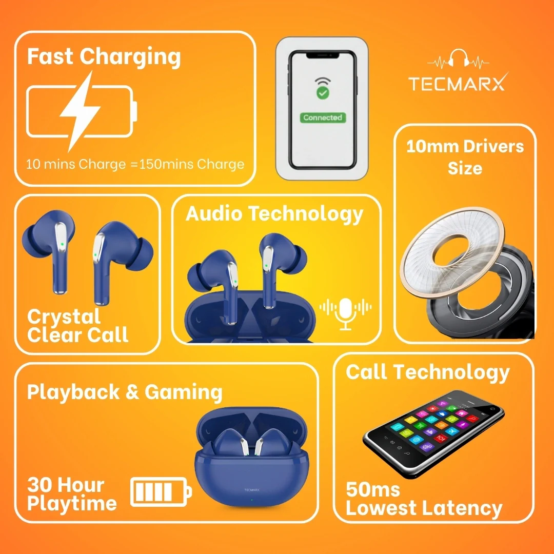 Tecmarx Royal 351 Bluetooth Earbuds | 30 Hr Playtime  | Balance Sound - Image 34