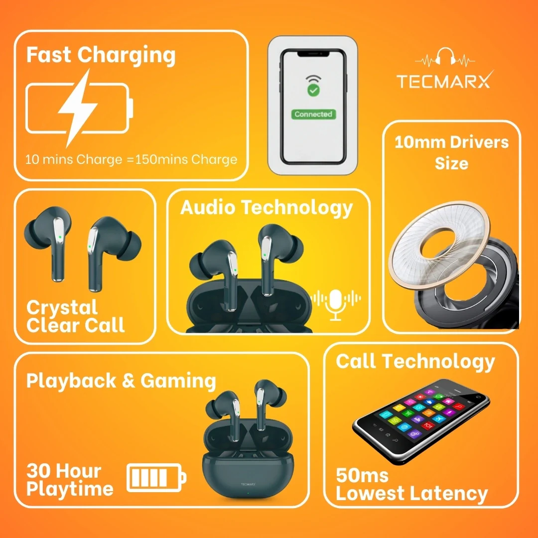 Tecmarx Royal 351 Bluetooth Earbuds | 30 Hr Playtime  | Balance Sound - Image 44